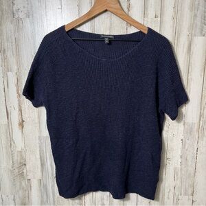 Eileen Fisher Navy Blue Short Sleeve Knit Top Linen Blend Womens Small